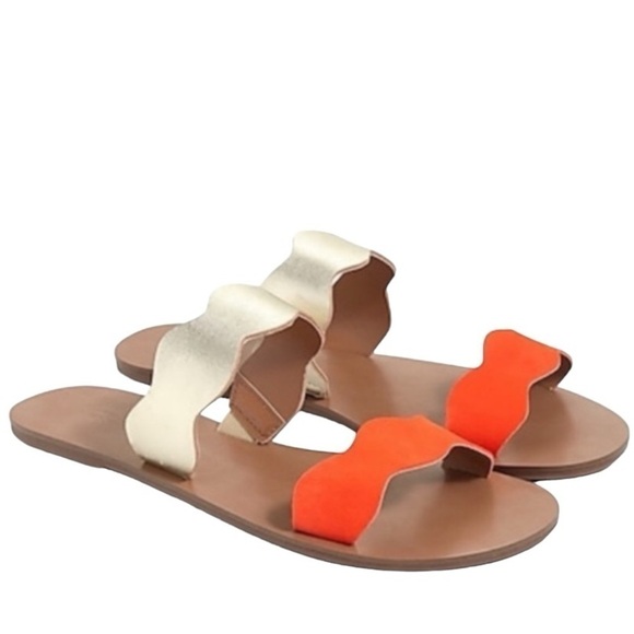 J.Crew Scalloped gold Metallic and orange Leather Sandals slides - Picture 1 of 10